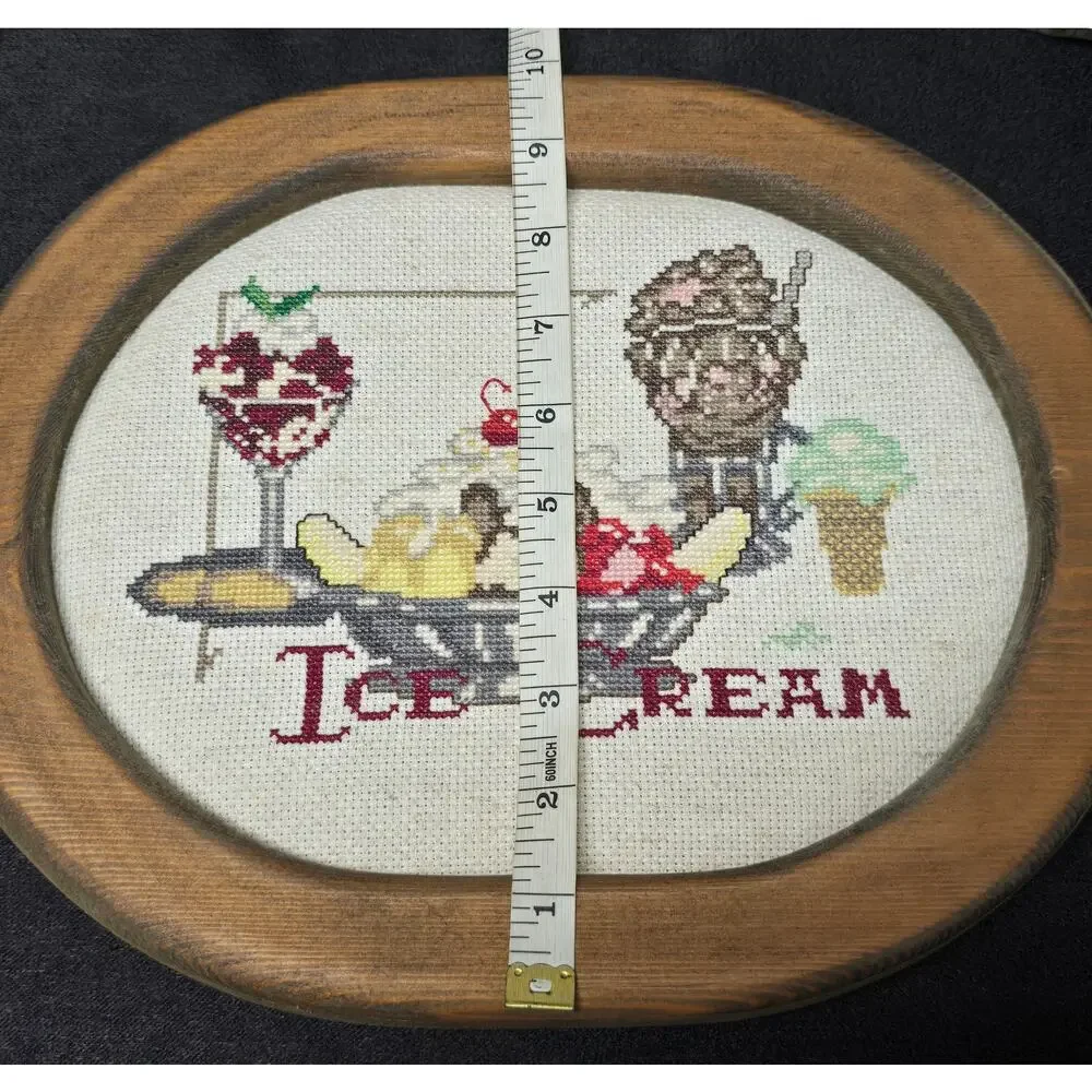Vintage Hand Made Cross Stitch Ice Cream Inside a Wooden Hangable Frame